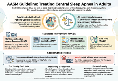 Infographic by The Sleep Translator outlining AASM guidelines for treating Central Sleep Apnea in adults.