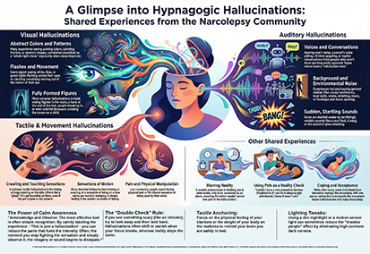Infographic by The Sleep Translator titled A Glimpse into Hypnagogic Hallucinations: Shared Experiences.
