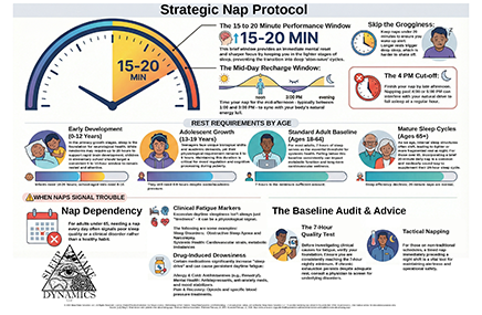 Infographic by The Sleep Translator titled A Physician's Guide to Restorative Sleep and Strategic Nap Protocols.
