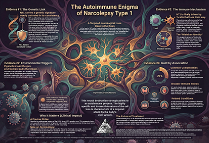 Infographic by The Sleep Translator titled The Autoimmune Enigma of Narcolepsy Type 1, exploring the genetic and environmental links.