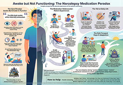 Infographic by The Sleep Translator titled Awake but Not Functioning: The Narcolepsy Medication Paradox.
