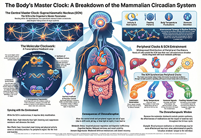 Infographic by The Sleep Translator titled The Body's Master Clock: A Breakdown of the Mammalian Circadian System.