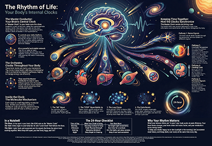 Infographic titled The Rhythm of Life showing how the brain's central clock regulates internal body clocks.