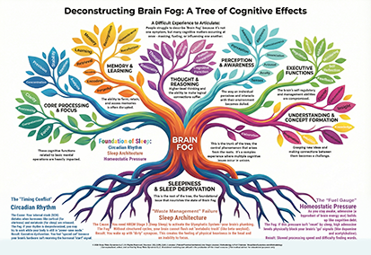 Infographic titled Deconstructing Brain Fog: A Tree of Cognitive Effects, created by The Sleep Translator.