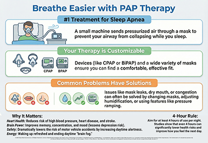 Infographic by The Sleep Translator titled Breathe Easier with PAP Therapy, explaining sleep apnea treatment.