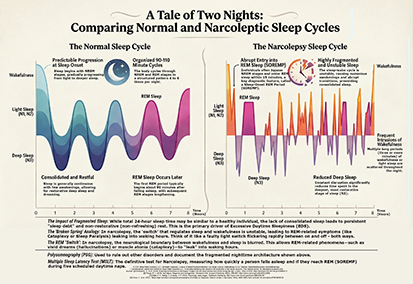 Infographic by The Sleep Translator titled A Tale of Two Nights: Comparing Normal and Narcoleptic Sleep Cycles.