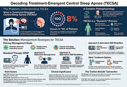 Infographic by The Sleep Translator explaining Treatment-Emergent Central Sleep Apnea (TECSA) and management strategies.
