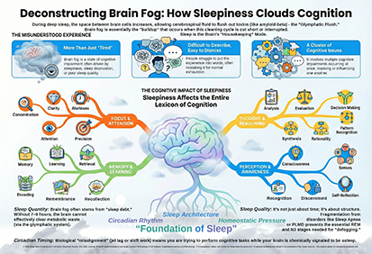 Infographic by The Sleep Translator titled Deconstructing Brain Fog: How Sleepiness Clouds Cognition.
