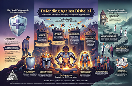 Infographic by The Sleep Translator titled Defending Against Disbelief: The Hidden Battle of Narcolepsy and Idiopathic Hypersomnia.