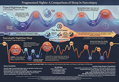 Infographic by The Sleep Translator titled Fragmented Nights: A Comparison of Sleep in Narcolepsy.