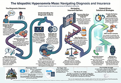 Infographic by The Sleep Translator titled The Idiopathic Hypersomnia Maze: Navigating Diagnosis and Insurance.