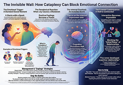 Infographic by The Sleep Translator titled The Invisible Wall: How Cataplexy Can Block Emotional Connection.