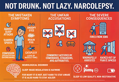 Infographic by The Sleep Translator titled "Not Drunk. Not Lazy. Narcolepsy." detailing mistaken symptoms and severe consequences.