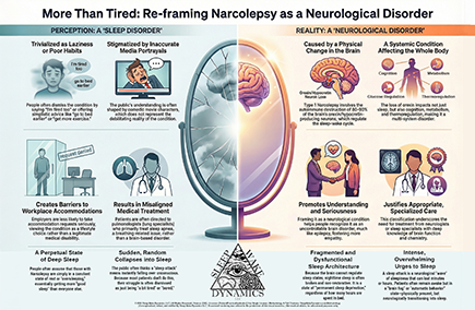 Infographic by The Sleep Translator reframing Narcolepsy as a neurological disorder vs misconceptions.