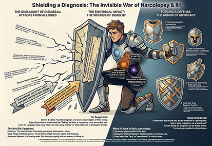 Infographic titled Shielding a Diagnosis: The Invisible War of Narcolepsy and IH by The Sleep Translator.