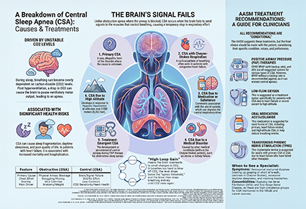 Infographic by The Sleep Translator titled The Brain's Signal Fails: A Breakdown of Central Sleep Apnea (CSA).