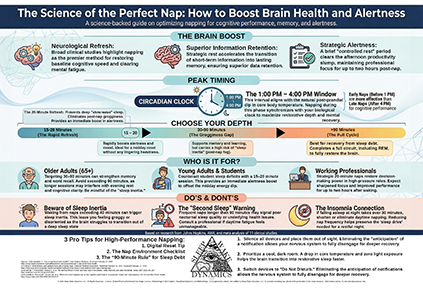 Infographic by The Sleep Translator titled The Science of the Perfect Nap, detailing benefits and timing.