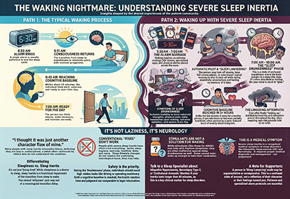 Infographic titled The Waking Nightmare by The Sleep Translator, explaining the mechanics of severe sleep inertia.