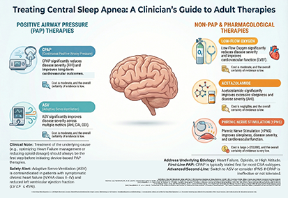 Infographic titled Treating Central Sleep Apnea: A Clinician’s Guide to Adult Therapies by The Sleep Translator.