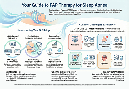 Infographic titled Your Guide to PAP Therapy for Sleep Apnea, detailing setup and common challenges.
